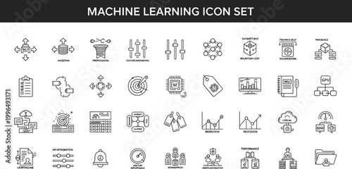 Machine learning infrastructure outline icon set with neural networks datasets regression monitoring analytics deployment artificial intelligence workflow symbols