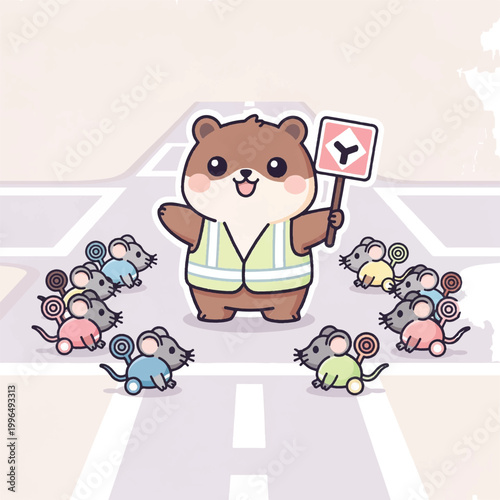 Cute cartoon bear instructing mice on a road intersection.