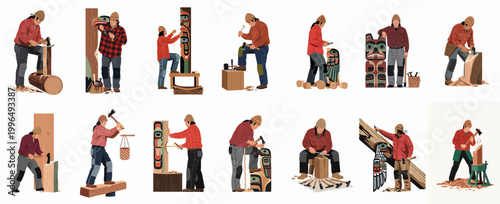 Billede på lærred Illustration set of an indigenous wood carver creating traditional totem poles and masks using hand tools in various poses, isolated on white background