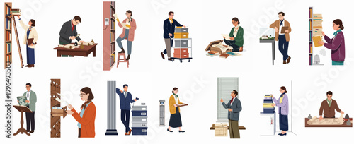 Schilderij op canvas Illustrations of professional archivists and librarians managing collections, organizing historical documents, books, and maps in a library or museum setting