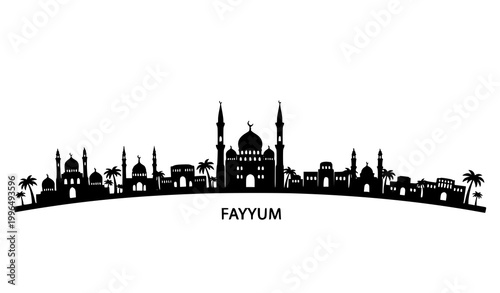 Fayyum Egypt skyline silhouette vector with mosque domes and city landmarks minimal black illustration