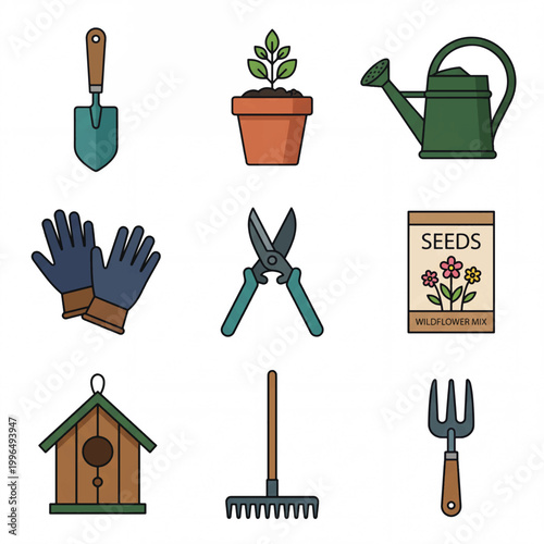 Gardening Tools and Supplies Collection Flat Icons.
