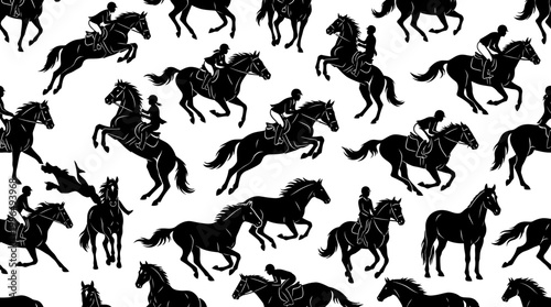 Equestrian Sports Seamless Pattern with Dynamic Black Horse and Rider Silhouettes on White Background, Capturing Action and Grace for Versatile Designs