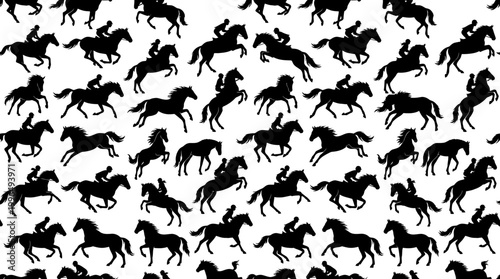 A captivating and dynamic black and white seamless pattern featuring numerous silhouettes of horses with riders in energetic equestrian poses, perfect for textile, decor, and digital backgrounds