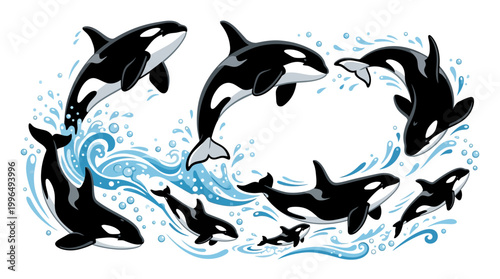 A whimsical illustration of a lively pod of energetic cartoon killer whales, playfully leaping and diving amidst vibrant ocean waves and sparkling water splashes