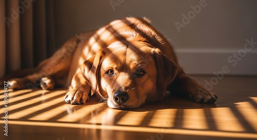 Golden Retriever Dog Resting on Wooden Floor in Dramatic Sunlight Shadows