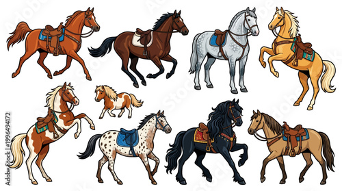 Set of stylized cartoon horses in dynamic poses, ideal for animation, game assets, character design, or children's book illustrations. Diverse equestrian collection