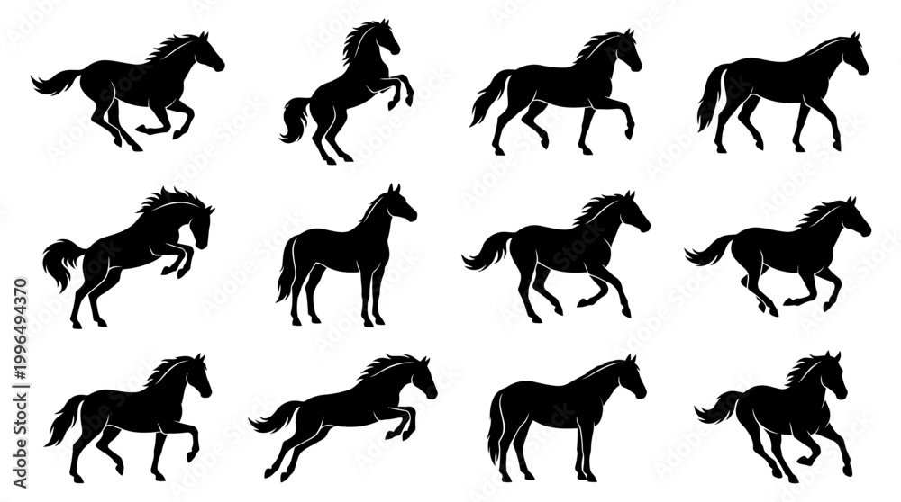 Obraz premium Dynamic collection of twelve stylized horse silhouettes showcasing various gaits and active poses, perfect for equestrian designs, graphic elements, and artistic projects