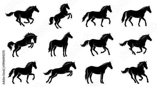 Dynamic collection of twelve stylized horse silhouettes showcasing various gaits and active poses, perfect for equestrian designs, graphic elements, and artistic projects