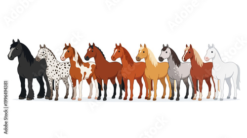 A vibrant flat vector illustration showcasing a diverse group of cartoon horses, featuring a wide spectrum of coat colors and unique patterns, perfect for equestrian and animal-themed projects