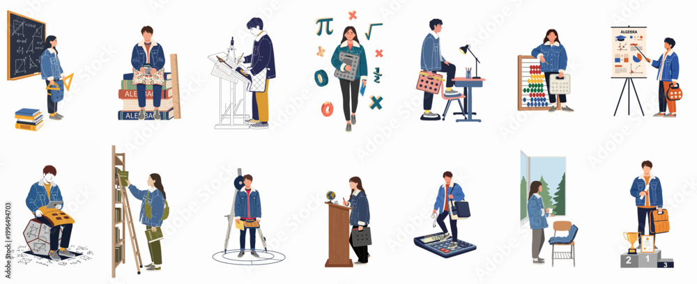 Fototapeta premium Collection of diverse flat illustrations showcasing students involved in mathematics, architecture, science, and general academic learning activities on a white background.