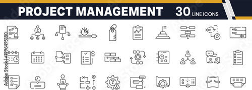 Line icons for project management, ideal for depicting business strategy, planning, task organization, team collaboration, and progress tracking in apps