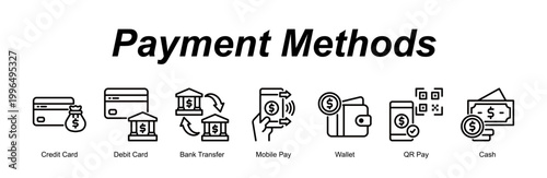 Payment Methods banner web icon vector illustration concept with an icon of Credit Card, Debit Card, Bank Transfer, Mobile Pay, Wallet, QR Pay, Cash 