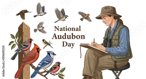 An ornithologist is sketching bird species beside a wooden post adorned with various flying birds for National Audubon Day in a vector illustration with a bird watching concept and nature
