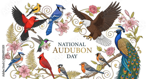 Illustrated vector design celebrating National Audubon Day showcases various bird species like eagles, cardinals, and peacocks arranged with floral elements, promoting bird conservation