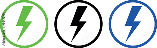 Fotografija Three lightning bolt icons in green black blue circles with white background