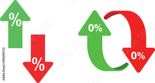 Arrows indicating percentage change, with green arrows pointing up and red