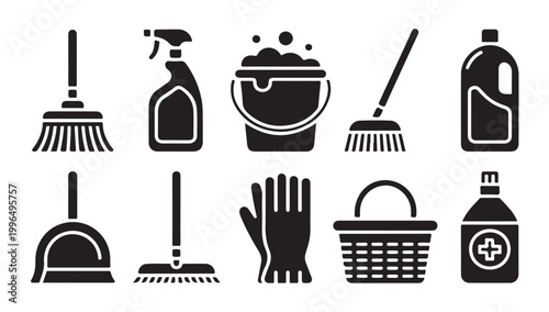 Cleaning service icons set with mop bucket detergent spray gloves and basket vector symbols.