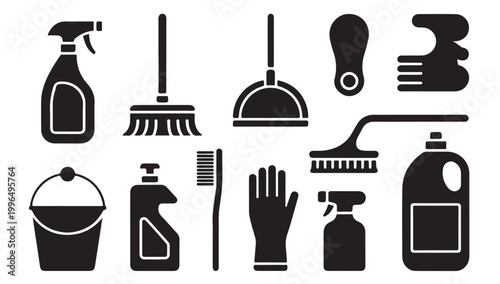Sanitary equipment icons collection with toothbrush spray bottle mop and scrub brush vector.