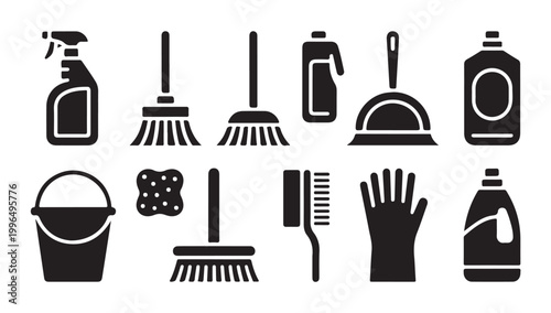 Household cleaning symbols featuring sponge mop spray and protective janitor equipment vector.