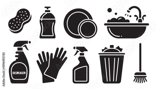 Dishwashing and kitchen cleaning icons with basin sponge trash bin and degreaser spray vector.