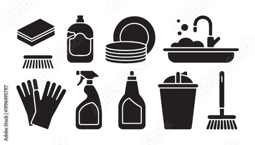 Washing dishes and house cleaning icon set with detergent spray gloves and sponge silhouettes.