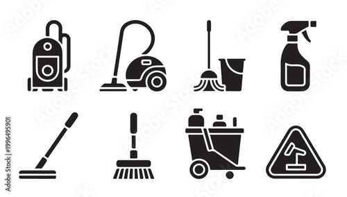 Professional janitorial equipment icons featuring vacuum cleaners mops cart and sign icons.