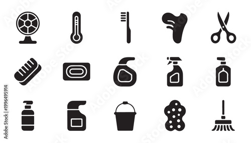 Set of fan electric thermometer toothbrush sponge and cleaning agent vector illustration.
