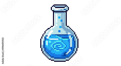 Pixel Art Potion Bottle With Swirling Blue Liquid.