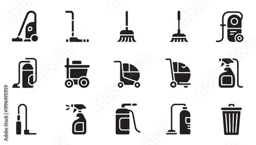 Set of vacuum cleaner broom trash can and cleaning cart for household chores vector illustration.