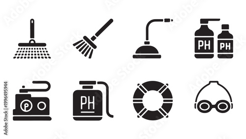 Set of broom shower ph meter and goggles for pool maintenance vector illustration.
