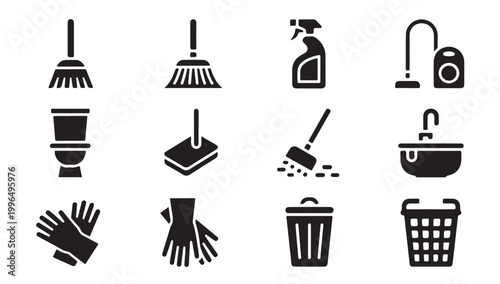 Domestic janitorial equipment icons featuring broom spray bottle vacuum cleaner and sink set.