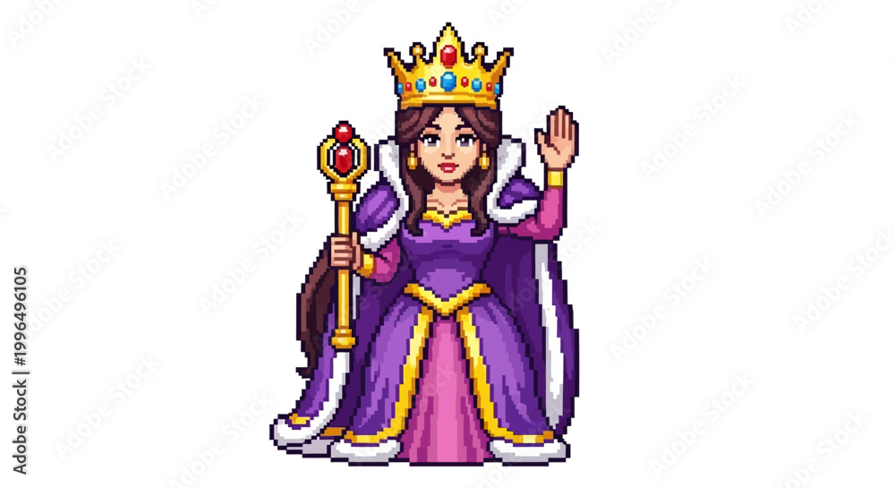 Obraz premium Pixel Art Queen Holding Scepter Waving Hand.