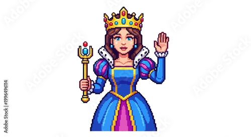 Pixel Art Queen Holding Scepter Waving Hand.