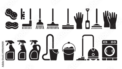 Cleaning tools and equipment black silhouette icon set, household cleaning supplies and accessories.
