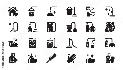 Home cleaning service and supplies black silhouette icon set, domestic hygiene products.