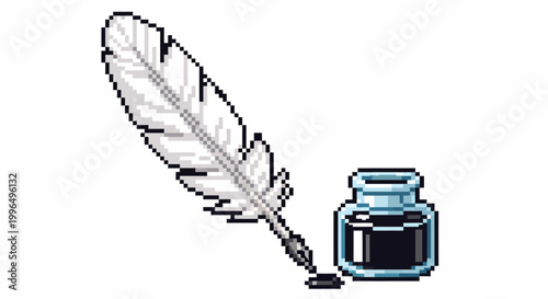 Pixel Art Quill Pen and Inkwell Illustration.