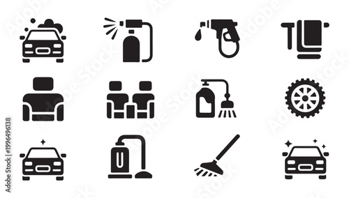 Car wash service black silhouette icon set, automobile cleaning tools and equipment.