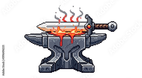 Pixel Art Sword Being Forged on Anvil.
