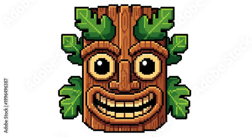 Pixel Art Tiki Mask with Green Leaves and Wide Smile.