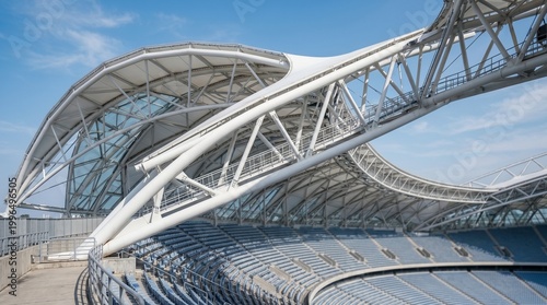 Modern stadium architecture with a distinctive curved roof structure and tiered seating under a clear blue sky.
