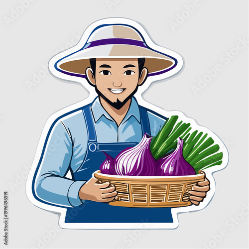 Farmer holding a basket of fresh red onions and green onions
