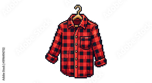 Pixel Art Red Plaid Flannel Shirt on Hanger.
