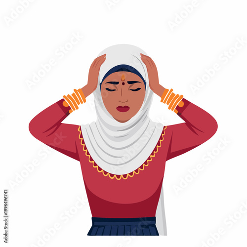 Woman in Hijab and Indian Attire Holding Her Head in Distress