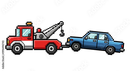 Pixel Art Tow Truck Hauling Blue Car Illustration.