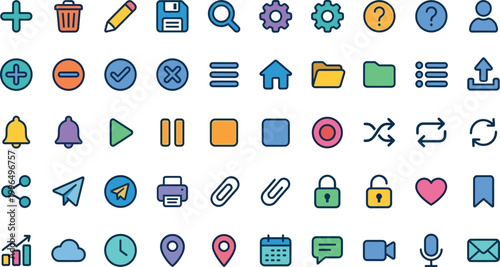 Basic UI icon vector set with media controls navigation communication files settings and interface symbols colorful flat outline elements isolated on white background