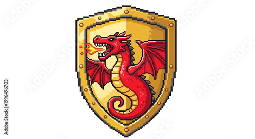 Red Dragon Emblem Shield Fiery Breath Pixel Art.