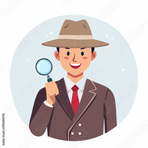 Detective holding a magnifying glass, illustration