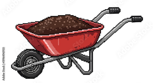 Red Wheelbarrow Filled With Dark Soil Ready For Gardening.