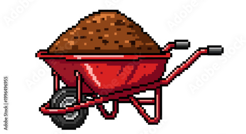 Red Wheelbarrow Filled With Soil Illustration.
